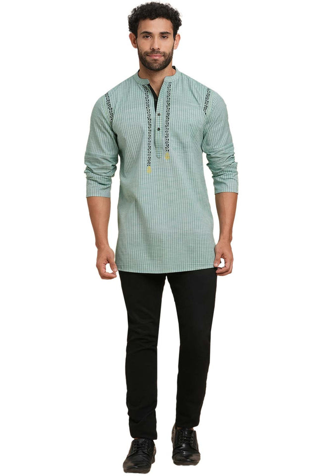 Men's Blue Cotton Checks Short Kurta