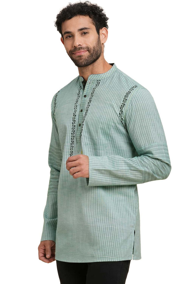 Men's Blue Cotton Checks Short Kurta