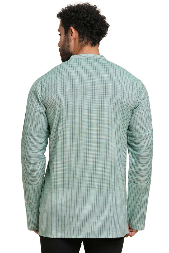 Men's Blue Cotton Checks Short Kurta