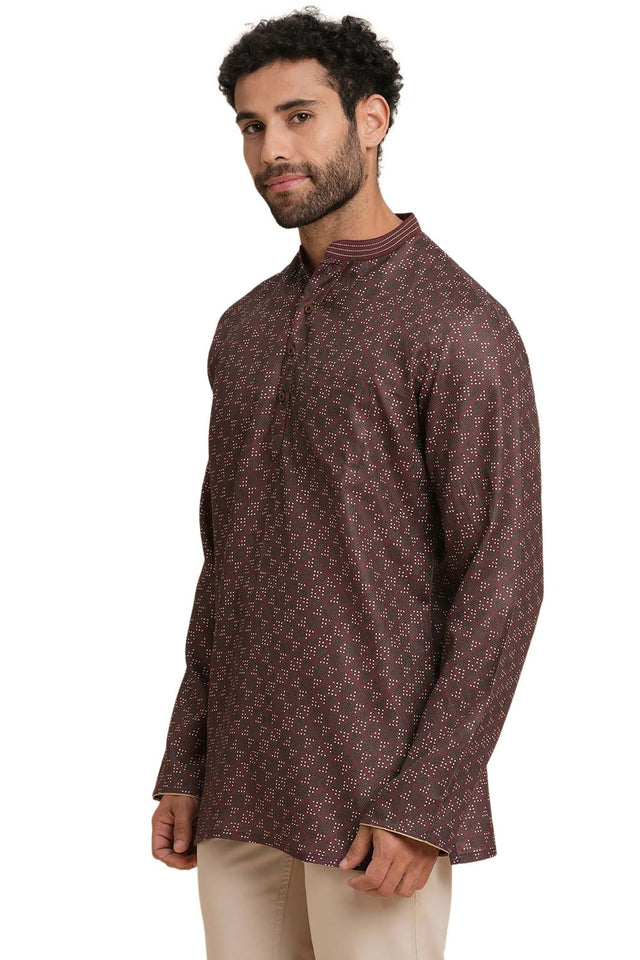 Men's Dark Brown Poly Cotton Printed Short Kurta