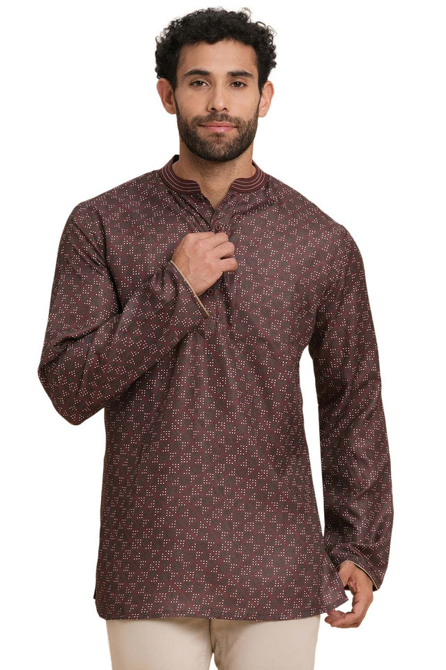 Men's Dark Brown Poly Cotton Printed Short Kurta