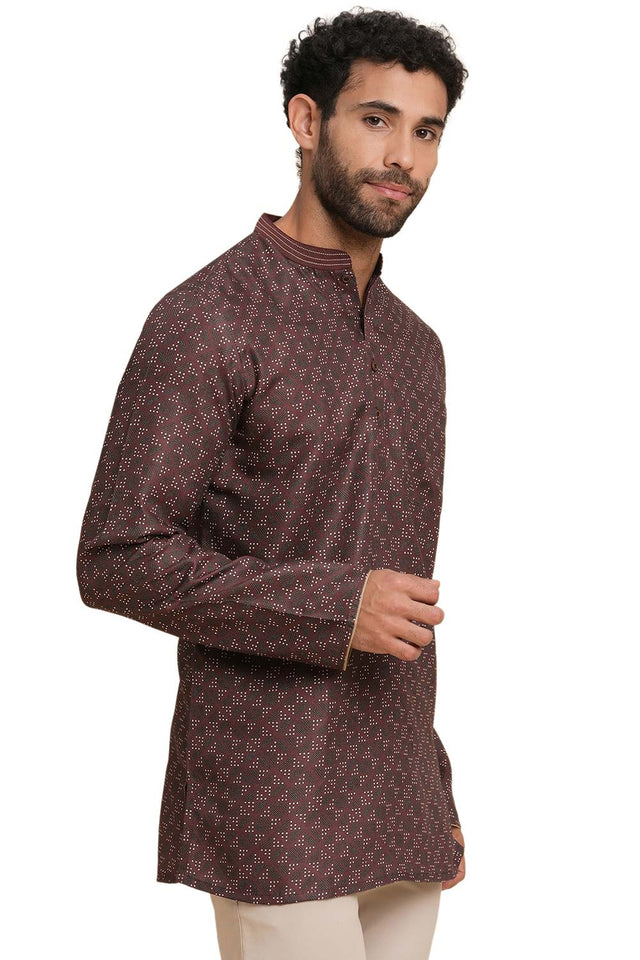 Men's Dark Brown Poly Cotton Printed Short Kurta