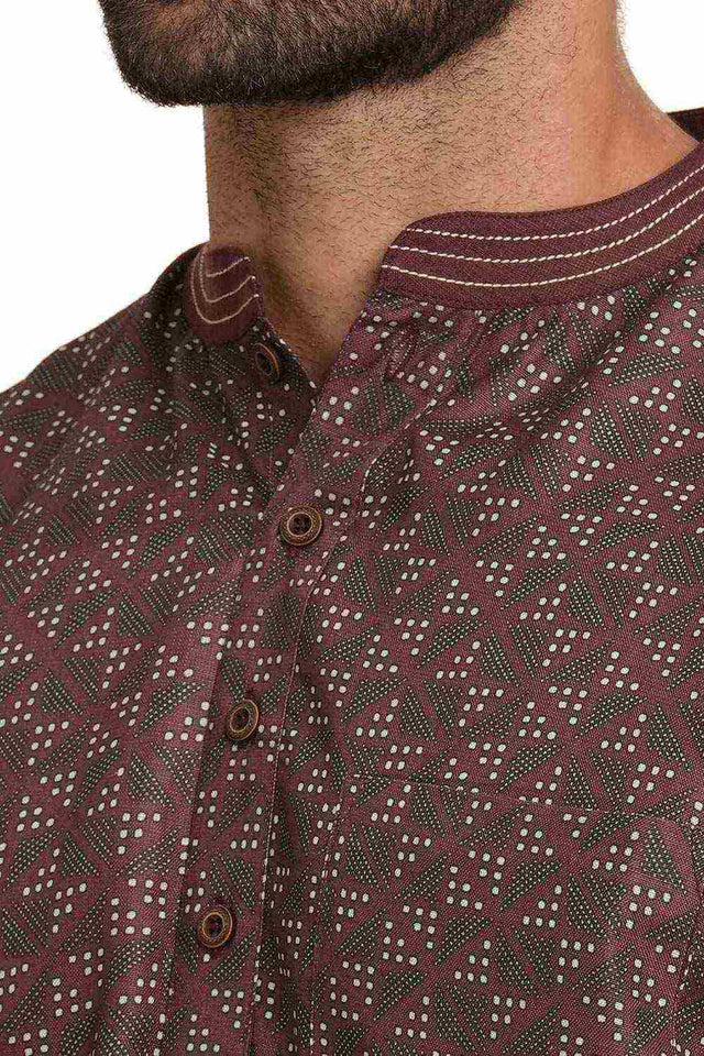 Men's Dark Brown Poly Cotton Printed Short Kurta