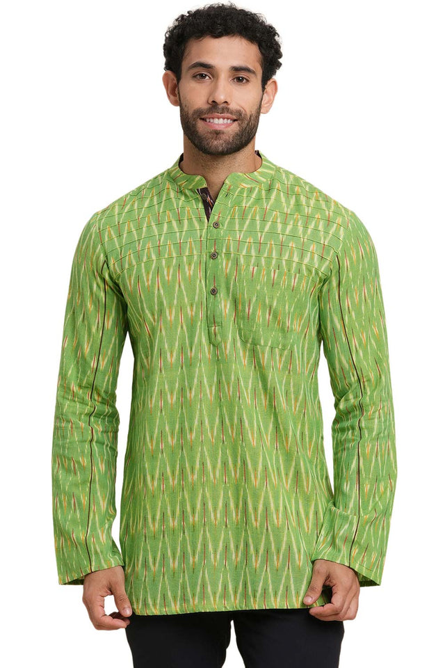 Men's Light Green Cotton Ikkat Weave Short Kurta