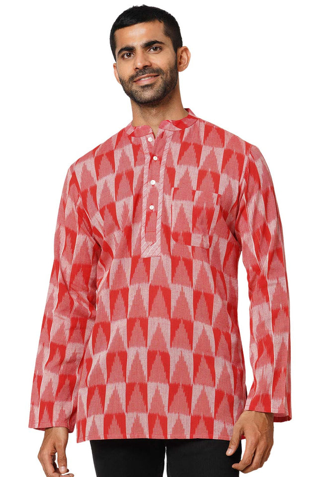 Men's Red Cotton Ikkat Weave Short Kurta