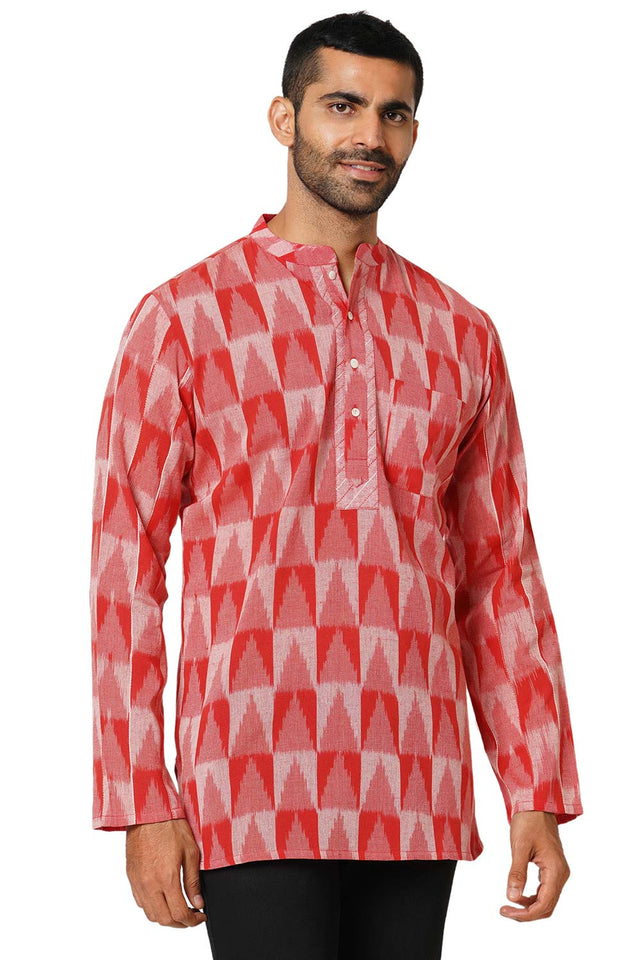 Men's Red Cotton Ikkat Weave Short Kurta