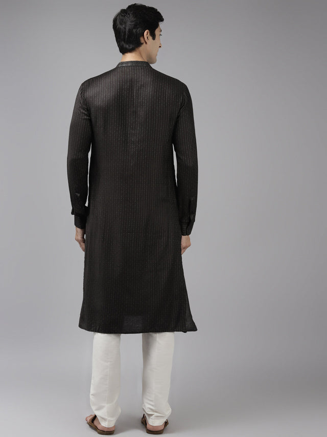 Buy Men's Oliveâ Cotton Woven Thread Work Straight Kurta Online - Back