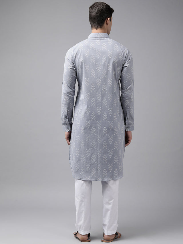 Buy Men's Light Grey Pure Cotton Chevron Printed Pathani Set Online - Side