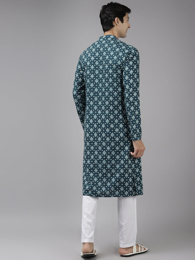 Buy Men's Teal Blue Cotton Geometric Printed Straight Kurta Online - Back