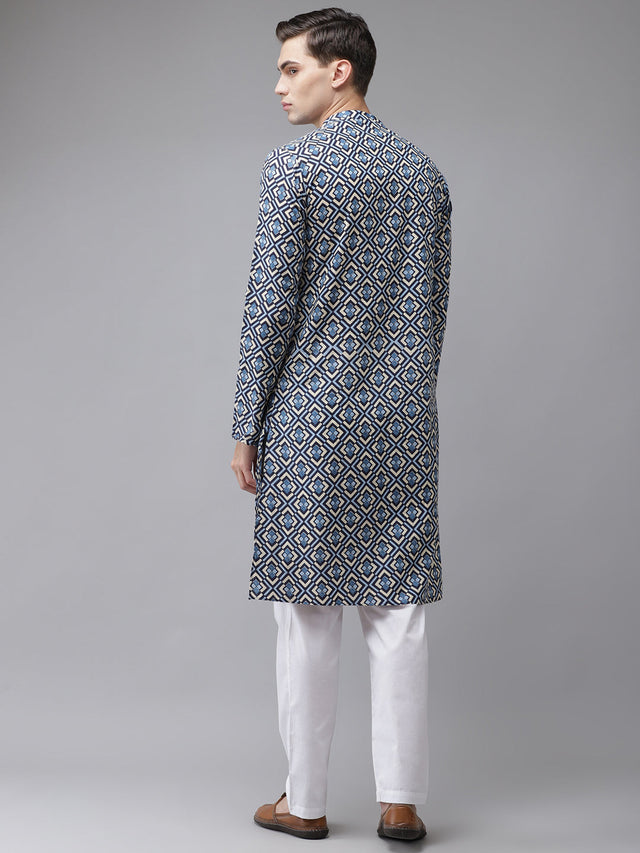 Buy Men's Blue Cotton Printed Straight Kurta Online - Back