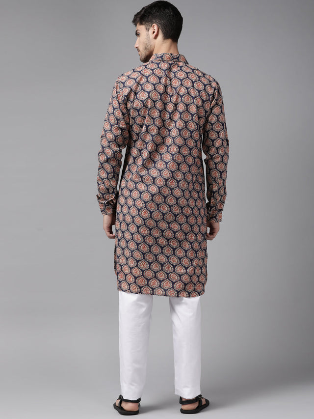 Buy Men's Blue Pure Cotton Motif Printed Pathani Set Online - Side