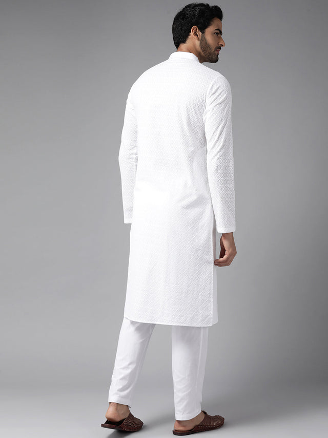 Buy Men's White Pure Cotton Chikankari Embroidered Kurta Pajama Set Online - Side