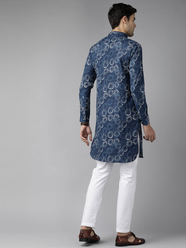 Buy Men's Indigo Pure Cotton Printed Pathani Set Online - Side