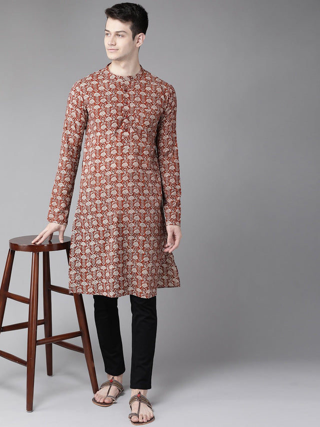 Buy Men's Maroon Cotton Hand Block Print Straight Kurta Online