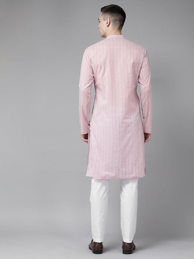 Buy Men's Pink Pure Cotton Printed Kurta Pajama Set Online - Side