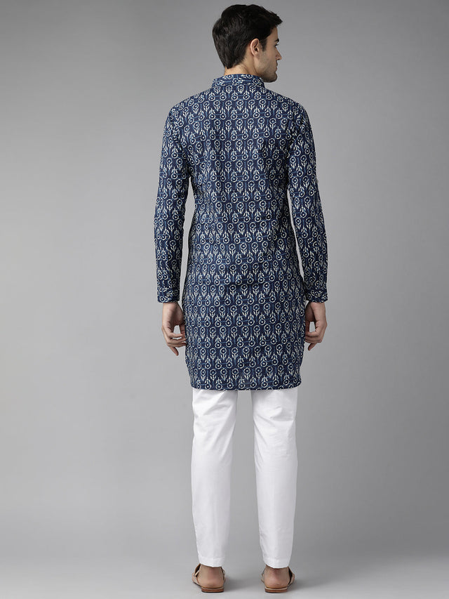 Buy Men's Indigo Pure Cotton Floral Printed Pathani Set Online - Side