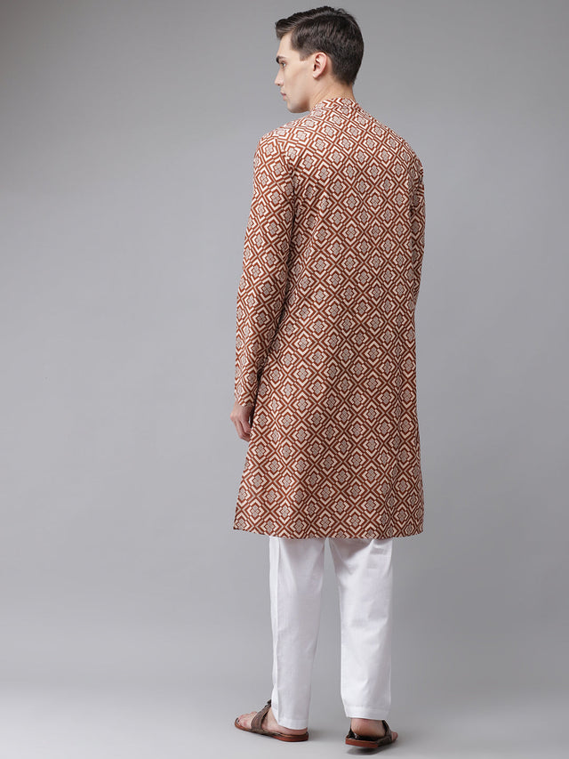 Buy Men's Beige Cotton Printed Kurta Pajama Set Online - Back