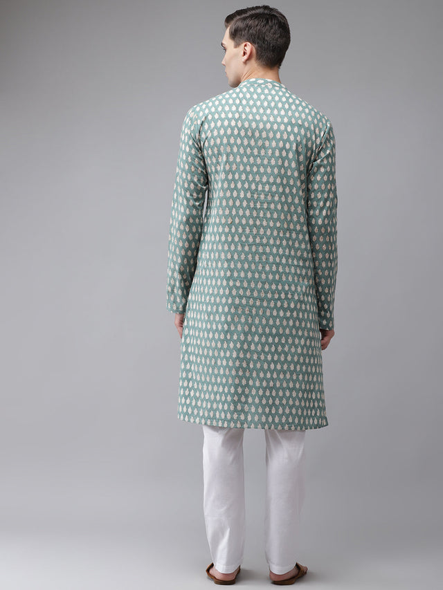 Buy Men's Green Cotton Hand Block Print Straight Kurta Online - Back