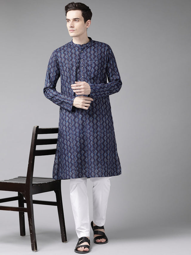 Buy Men's Blue Cotton Printed Kurta Pajama Set Online