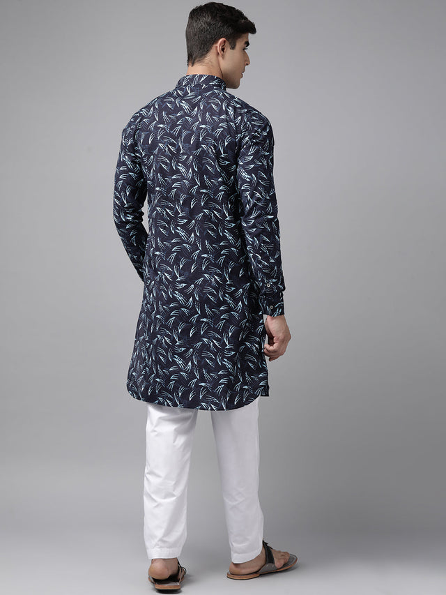 Buy Men's Indigo Pure Cotton Printed Pathani Set Online - Side