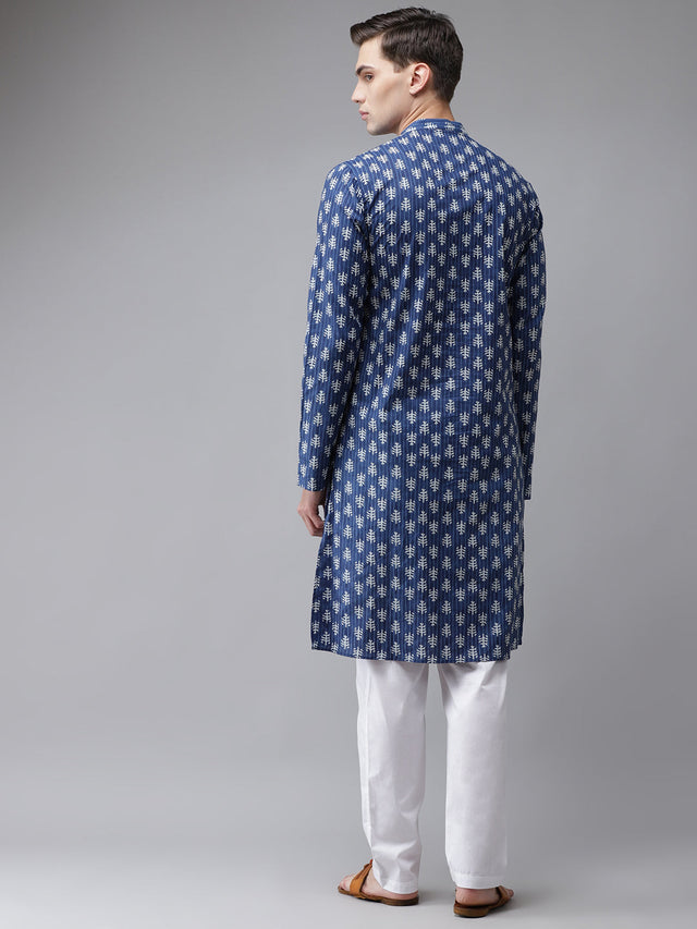 Buy Men's Blue Cotton Printed Kurta Pajama Set Online - Back