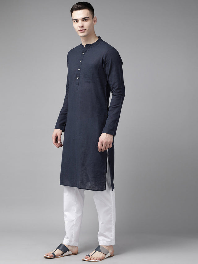 Buy Men's Navy Pure Cotton Printed Kurta Pajama Jacket Set Online - Front