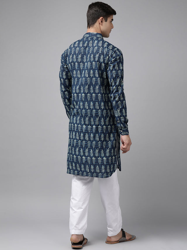 Buy Men's Indigo Pure Cotton Printed Pathani Set Online - Side