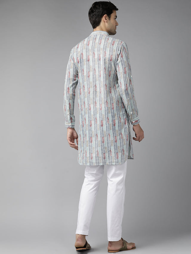 Buy Men's Multi Pure Cotton Chevron Printed Pathani Set Online - Side