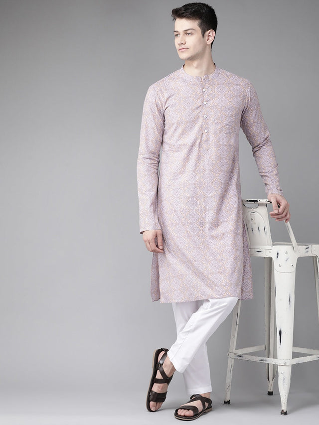 Buy Men's Peach Cotton Geometric Printed Straight Kurta Online