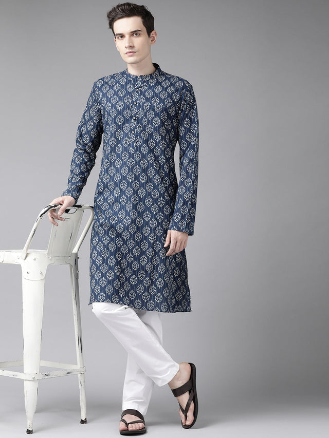 Buy Men's Blue Cotton Printed Kurta Pajama Set Online