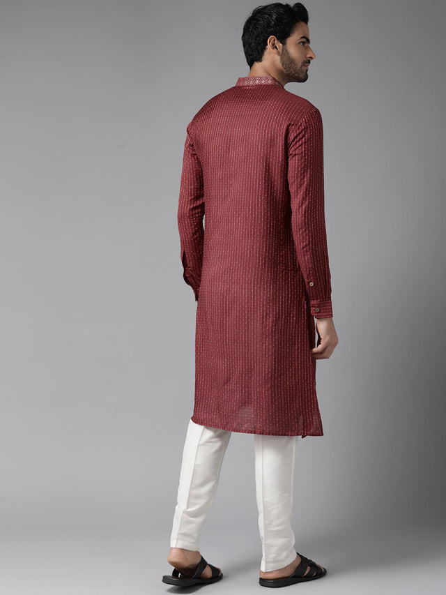 Buy Men's Maroon Cotton Woven Design Straight Kurta Online - Front