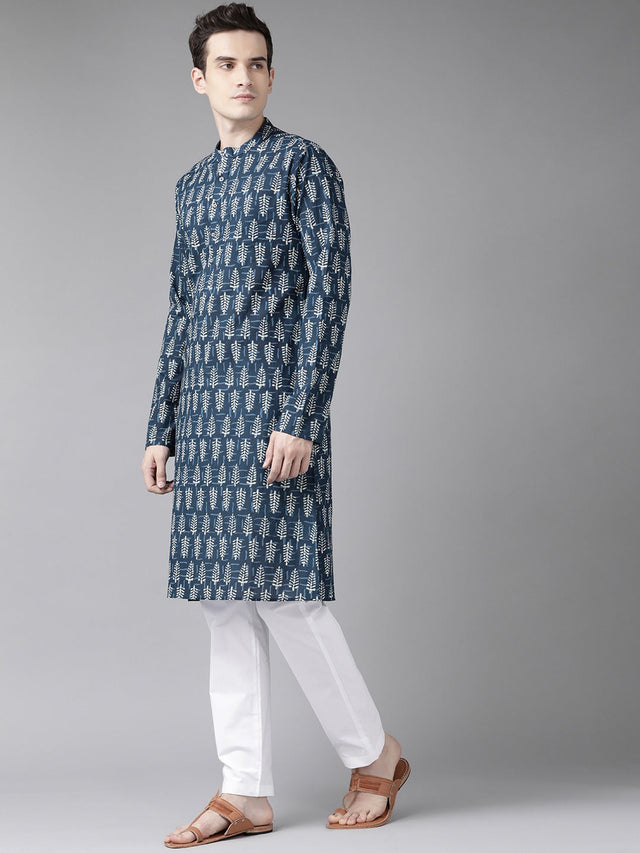 Buy Men's Blue Cotton Printed Kurta Pajama Set Online - Front
