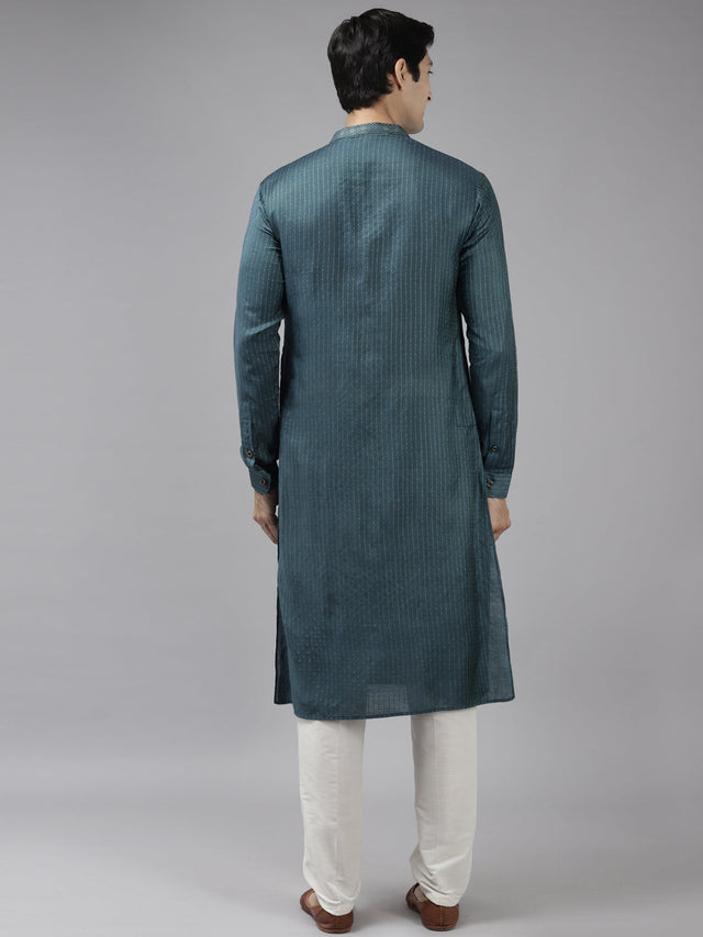 Buy Men's Teal Art Silk Woven Thread Work Kurta Pajama Set Online - Back