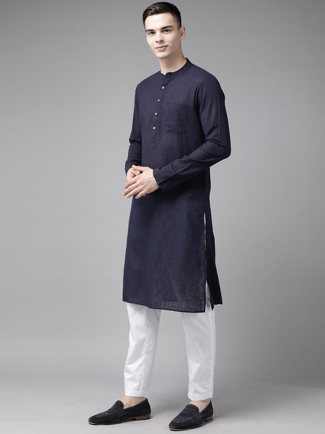 Buy Men's Navy Pure Cotton Printed Kurta Pajama Jacket Set Online - Front