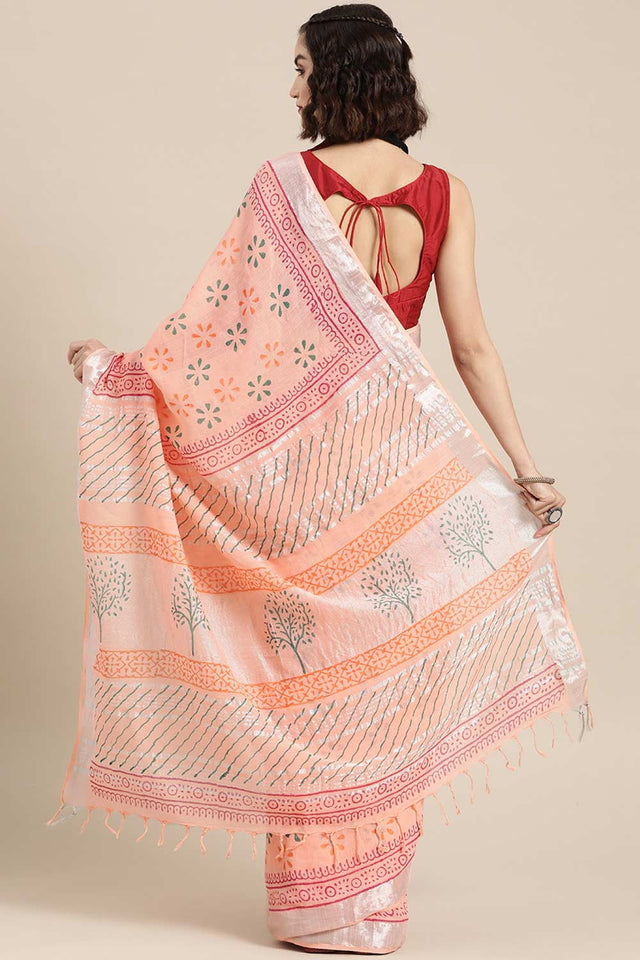 Buy Linen Block Printed Saree in Peach Online - Back