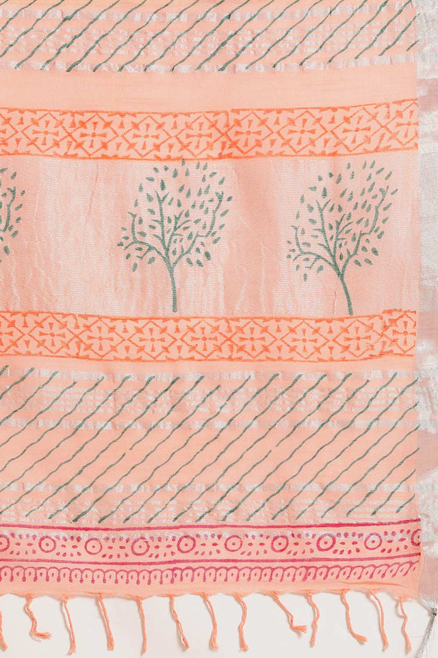 Buy Linen Block Printed Saree in Peach Online - Side