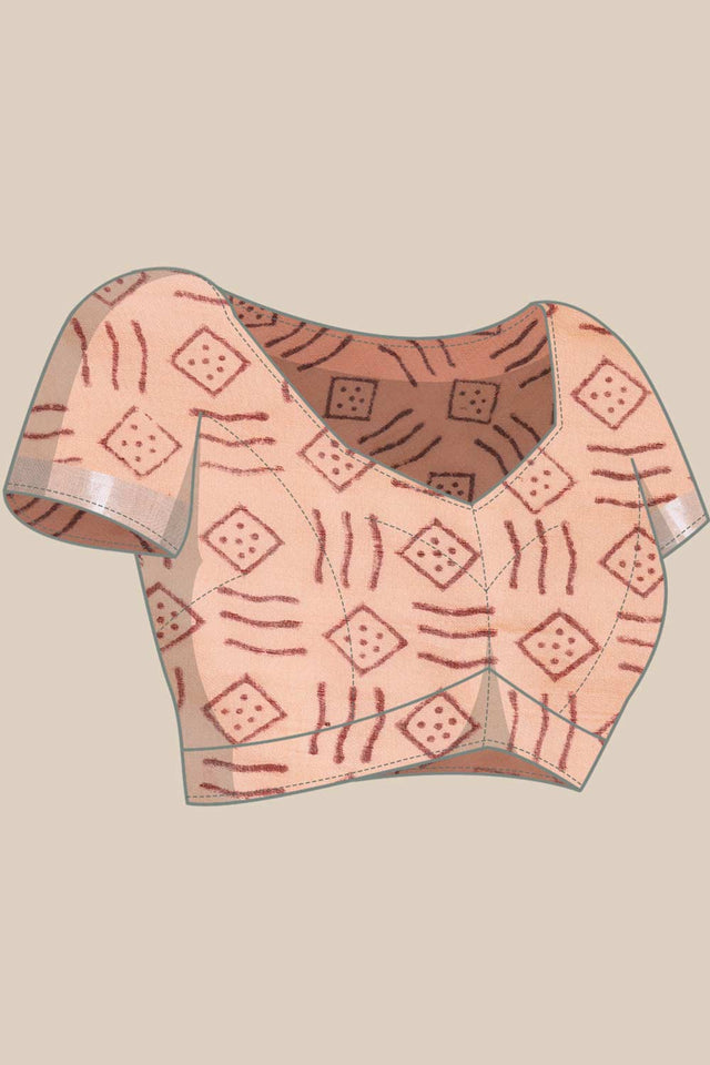Buy Linen Block Printed Saree in Peach Online - Zoom In