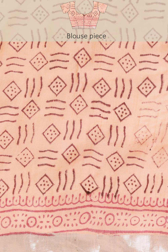 Buy Linen Block Printed Saree in Peach Online - Zoom Out
