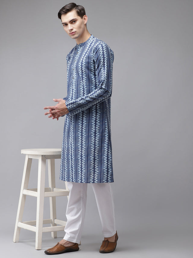 Buy Men's Blue Cotton Printed Straight Kurta Online