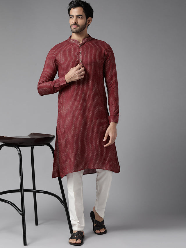 Buy Men's Maroon Cotton Woven Design Straight Kurta Online - Side