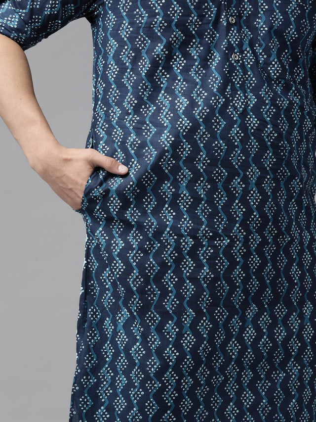 Buy Men's Indigo Pure Cotton Printed Pathani Set Online - Zoom In