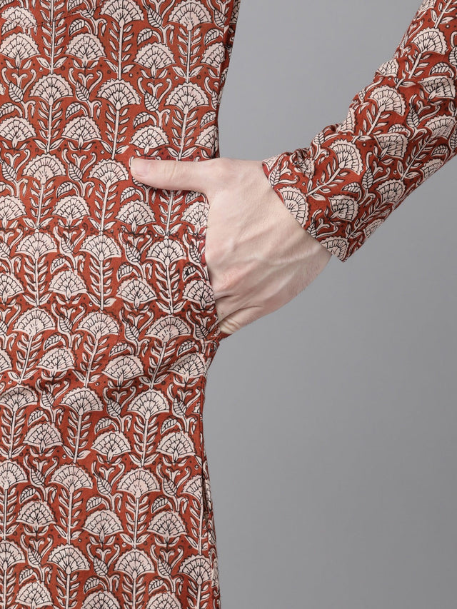 Buy Men's Maroon Cotton Hand Block Print Straight Kurta Online - Side