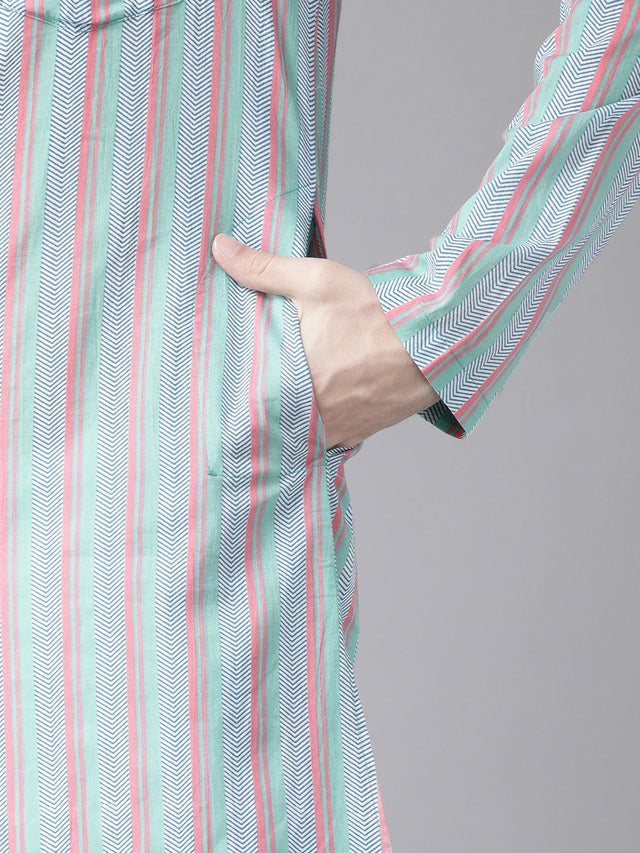 Buy Men's Multi Cotton Stripe Printed Kurta Pajama Set Online - Zoom In