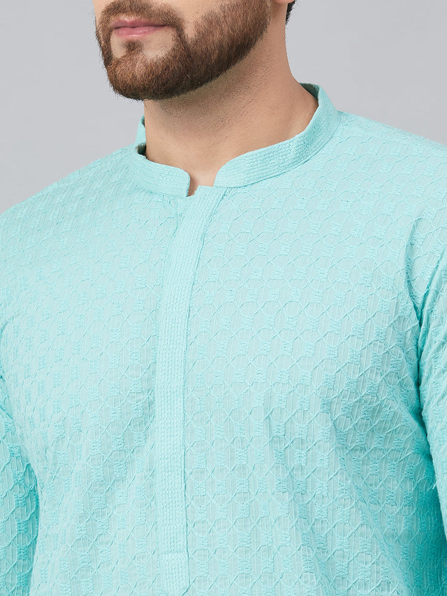 Buy Men's Lime Green Cotton Chikankari Embroidered Straight Kurta Online - Zoom In