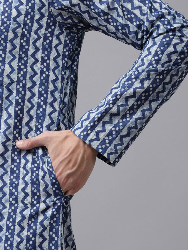 Buy Men's Blue Cotton Printed Kurta Pajama Set Online - Zoom In