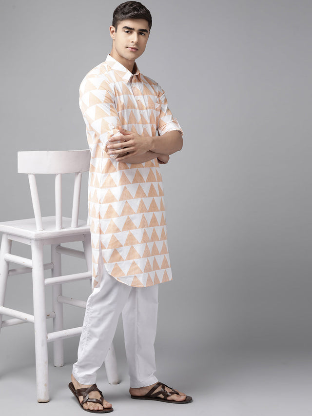 Buy Men's White Pure Cotton Chevron Printed Pathani Set Online