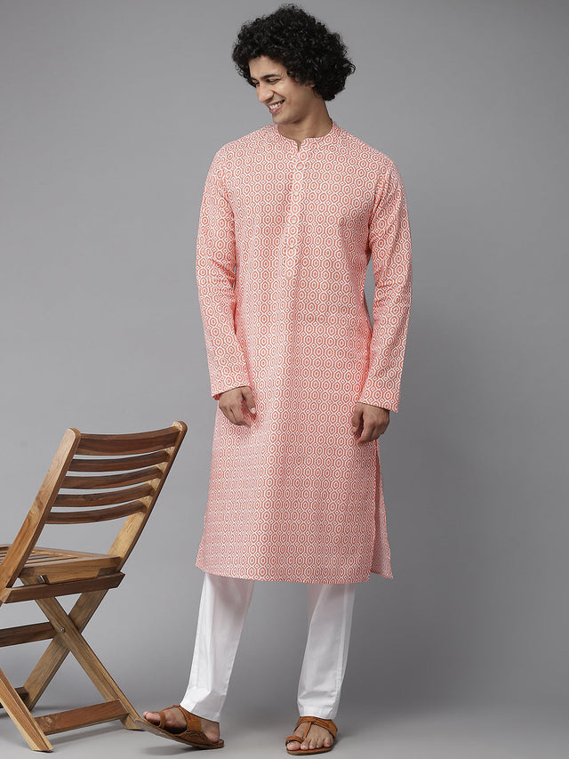 Buy Men's Peach Pure Cotton Printed Kurta Pajama Set Online