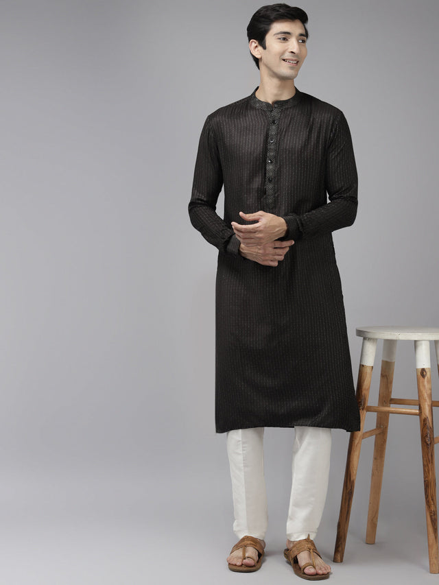 Buy Men's Oliveâ Cotton Woven Thread Work Straight Kurta Online