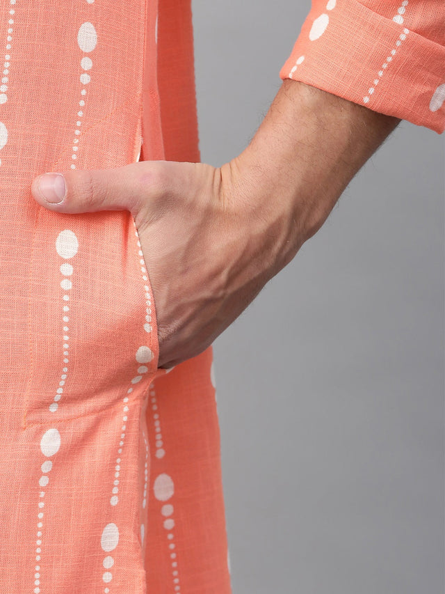 Buy Men's Peach Cotton Printed Kurta Pajama Set Online - Zoom In