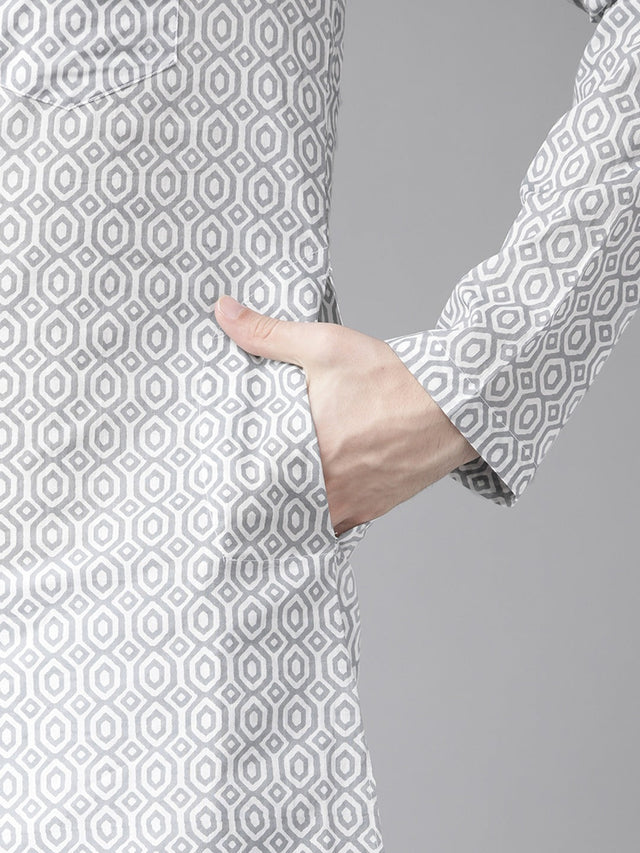 Buy Men's Grey Cotton Printed Straight Kurta Online - Side